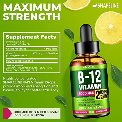 SHAPELINE Vitamin B12 Sublingual 5000 mcg Drops Made in USA Highly