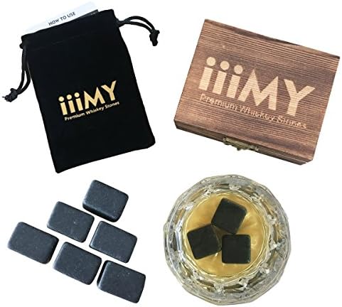 Whiskey Stones Large Granite Gift Set Chilling Stones Pack of 6 with Stylish Wooden Box and Velvet Bag - Premium Whiskey Rocks by iiiMY