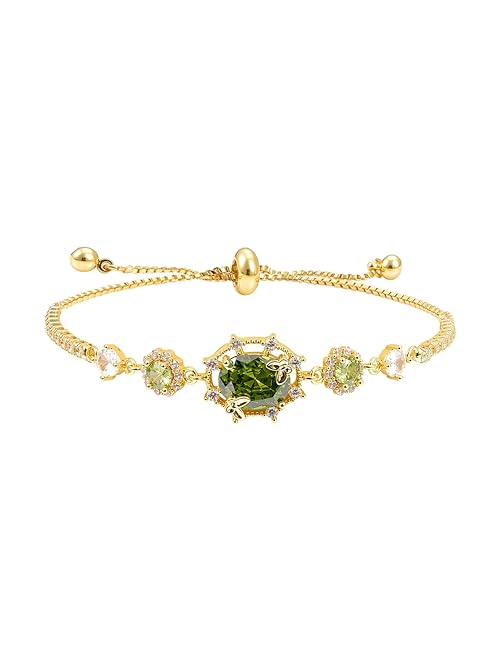 Mareclat 14K Gold Plated Bracelet for Women Dainty Green Gemstone Cubic Zirconia Bracelet Birthstone Peridot Adjustable Chain Non Tarnish