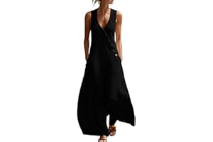 Women Sleeveless Wide Leg Jumpsuits Summer V Neck Button Long Rompers with Pocket Flowy Summer Outfits Playsuits
