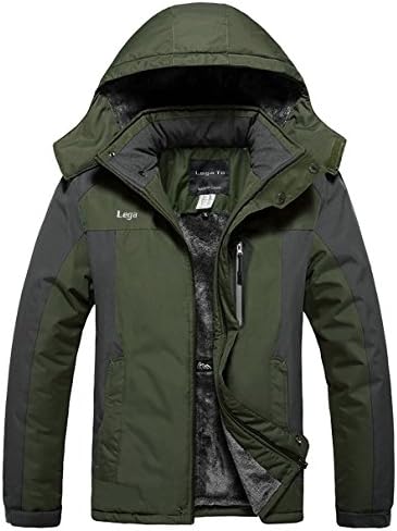 Lega Men's Waterproof Insulated Fleece Ski Jacket Windproof Hooded Rain Jacket(Army Green,US XL)