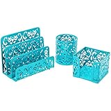 Three Piece Desk Organizer Set - Can Be Used On Desktop | Table | Counter in Kitchen or Work Space Floral Design - Blue
