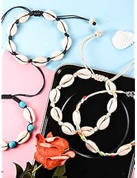 Meekoo - 4 pulseras de tobillo de concha de cowrie natural, pulsera de ganchillo de concha marina, pulsera de tobillo hecha a mano, joyería bohemia ajustable con cuentas, tobillera para mujeres y niñas, fiestas de playa hawaianas