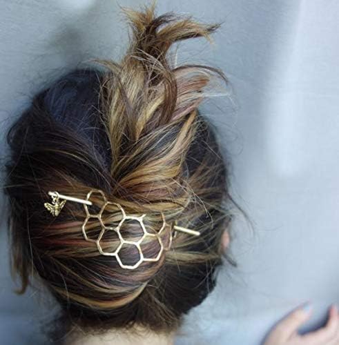 VANY Large Brass Honeycomb Handmade Hair Bun Slide Pin with Dangling Bee Hair Twist Bun Pin