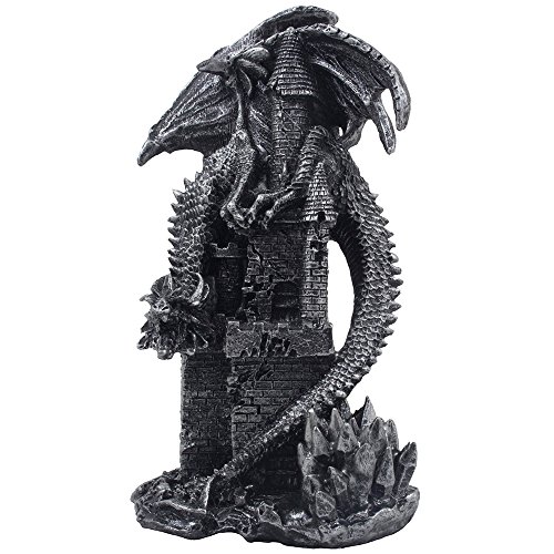 Mythical Winged Dragon Climbing Medieval Castle Statue for Decorative Ancient & Gothic Home Decor Sculptures and Figurines As Metallic Look Collectible Fantasy Gifts