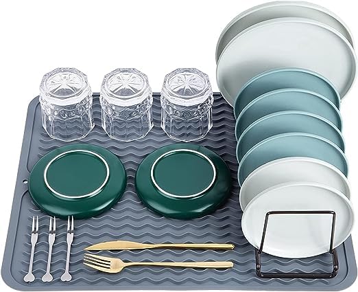 Dish Drying Mat, Kitchen Counter Dish Drying Mat Squares Spoon Holder Drain Pad Kitchen Counter Large Eco Friendly Silicone Drying Mat Easy Cleans Heat Resistant Dish Mat for Kitchen(Blue)