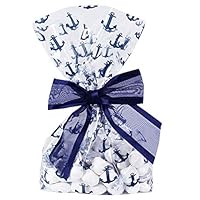 Saybrook Products Nautical Anchors Cellophane Treat/Party/Wedding Favor Bags with Twist-Tie Organza Bow. Set of 10 Gusseted 11x5x3 Goodie Bags with Bows, Navy Blue/Clear