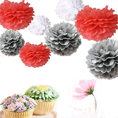 Somnr Set of 9 White Gray Coral Tissue Paper Pompoms Wedding Flower Birthday Bridal Shower Party Hanging Decoration by Somnr