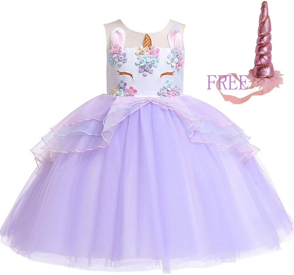Girls Unicorn Party Dress Kids Birthday Tulle Tutu Dresses with Headband