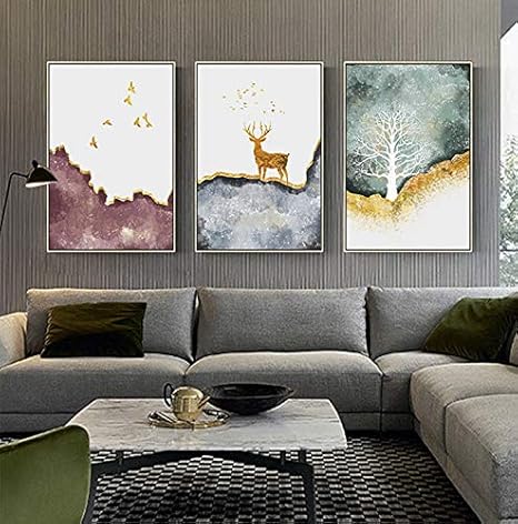 Amazon Com Abstract Gold Foil Tree Deer Bird Canvas Art Modern Blue Green Purple Poster Print Big Wall Art Picture For Living Room Tableaux 3 Pieces 40x60cm No Frame Posters Prints