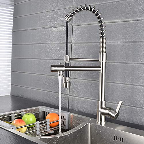 SHAMANDA Commercial Pre-Rinse Kitchen Faucet, High Arc Kitchen Sink Faucet with Pull Down Spring Spout and Pot Filler, Brushed Nickel, L40001-2 - Thumbnail 2