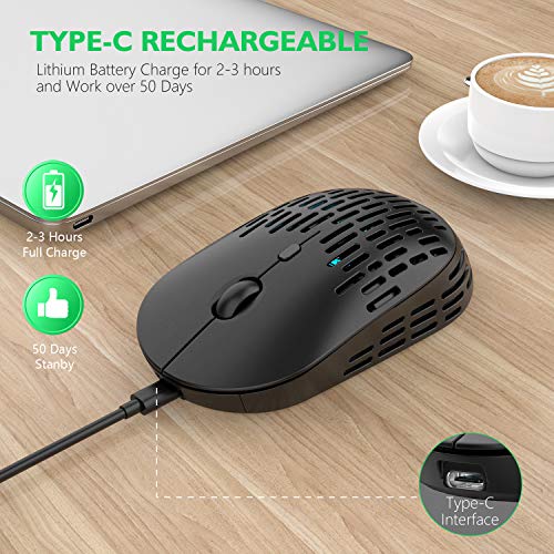 Type C Wireless Bluetooth Mouse, RAPIQUE Dual Mode Rechargeable Silent Cordless Bluetooth Mice with 2.4G Type C Receiver for Laptop,MacBook air/pro,iPad pro,Computer and All Type-C Device (Black)
