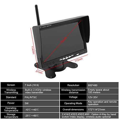 7 Inch HD TFT LCD Vehicle Rear View Monitor, Wireless Backup Rear View Camera System +Waterproof Night Vision Camera for Truck RV Trailer Motor Home Bus