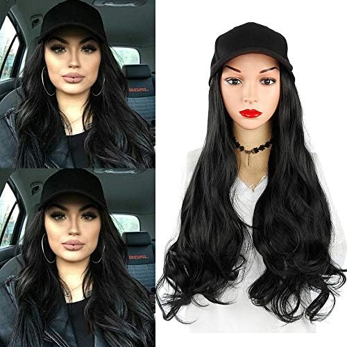 Baseball Cap Wig with Hair Extensions Black Synthetic Wave Wig Hat for Women Adjustable Black Baseball Hat