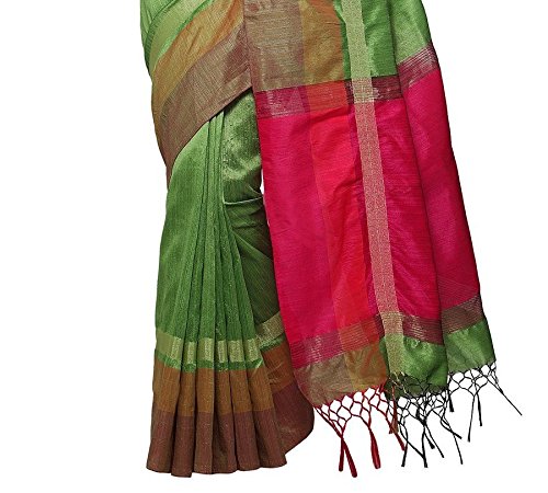 women's tassar silk traditional saree unstitched blouse design (bahubali p green_perrot green)