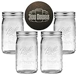 Ball Mason Jars Wide Mouth 32 oz Bundle with Non Slip Jar Opener- Set of 4 Quart Size Mason Jars - Canning Glass Jars with Lids