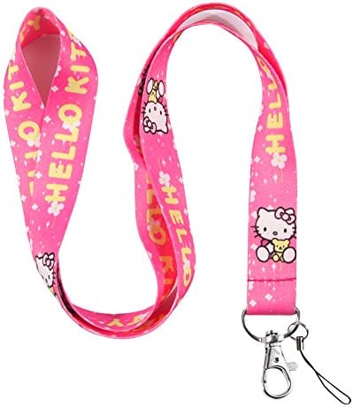 Pink &amp; White Flower Cat Keychain Key Chain Lanyard Straps with Mini Silver Steel Spring Clips (MCL-114)