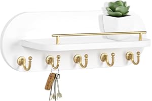 SANY DAYO HOME Key Holder Wall Mount White Wood Entryway Rack with 5 Gold Hooks, Metal Shelf Guardrail for Key Organizer, Liv