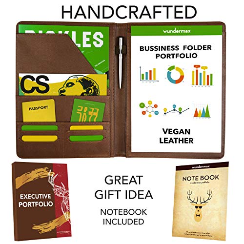 Wundermax Padfolio Portfolio Vegan Leather Binder Business Folder Resume Organizer with Legal Size Notepad Holder for Professional Notebook Interview Designer Clipboard Folio for Men Women Brown