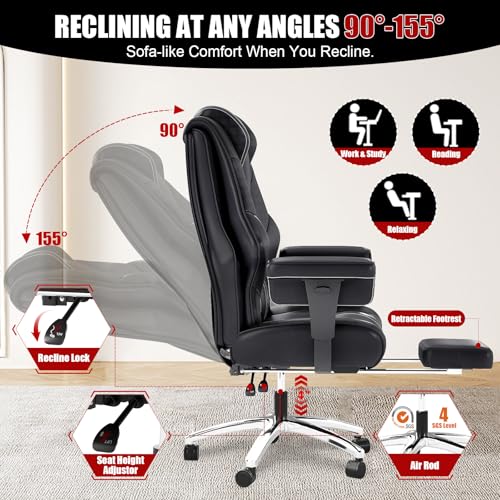 400 lbs Big and Tall Ergonomic Office Chair with Footrest,Computer Gaming Chair with Folding Armrest and Lumbar Support Adjustable Height,Wide Desk Chair with Wheels for Home Office (Black)