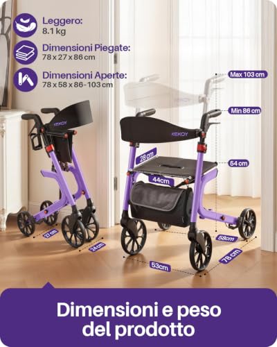 Kekoy Deambulatore per Anziani 4 Ruote con Seduta, Pieghevole, 181 kg Portata, Sedile 44 cm Largo, Ruote 25 cm Per Tutti I Terreni, Altezza Regolabile, Freni con Cavi Nascosti, Portaoggetti, Viola
