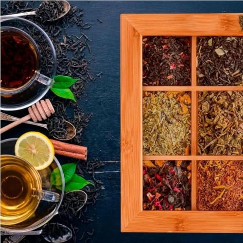 Caixa De Chá e Café Com 6 Divisórias Multiuso - Organização Elegante Para Cozinha ou Escritório Armazenamento De Especíarias e Temperos Bambú Sustentável