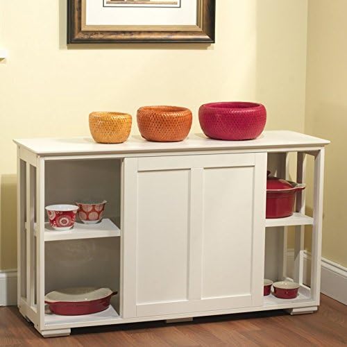 Server with Wood Doors, Two Sliding Doors, Interior Shelf, Opened Sides, Wooden Slat Devider, Coastal Design, White Finish
