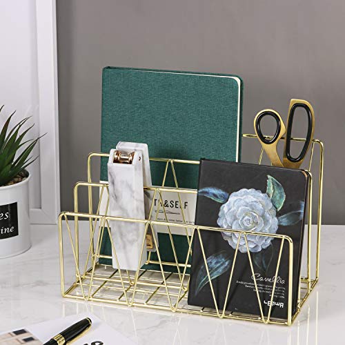 Simmer Stone Mail Sorter, 3 Slot Wire Letter Holder Rack, Decorative Desk File Organizer for Bill, Postcard, Brochure, Magazine and More, Gold - Thumbnail 5