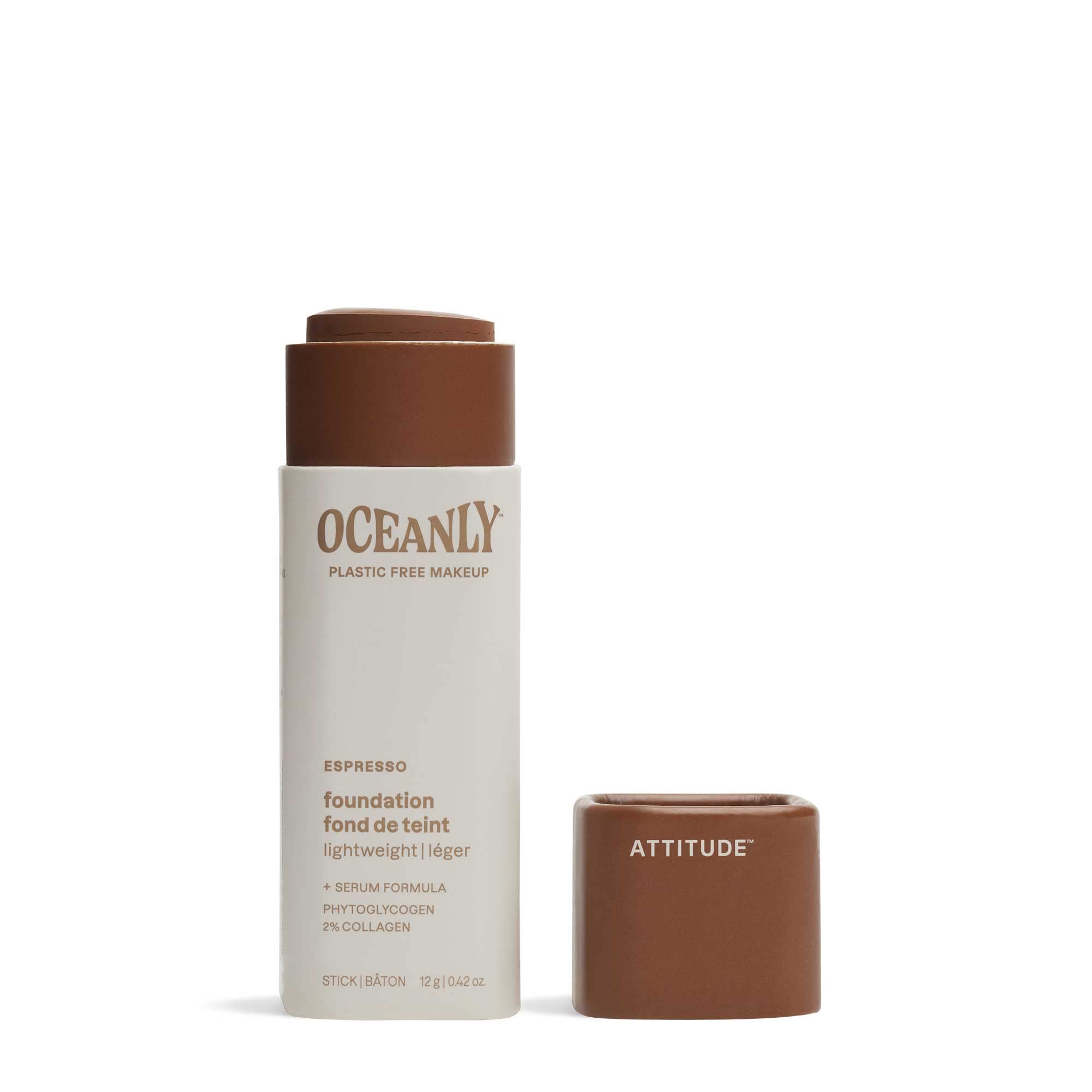 ATTITUDE Oceanly Plastic-Free Light Coverage Foundation Stick, Titanium Dioxide-Free, EWG Verified, Vegan Makeup, Espresso, 12 grams