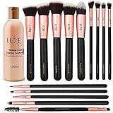 Luxe Premium Makeup Brushes Set with Brush Cleaning Solution - 14 Pc Face and Eye, Synthetic Brushes for Foundation, Powder, Blush, and Eyeshadow