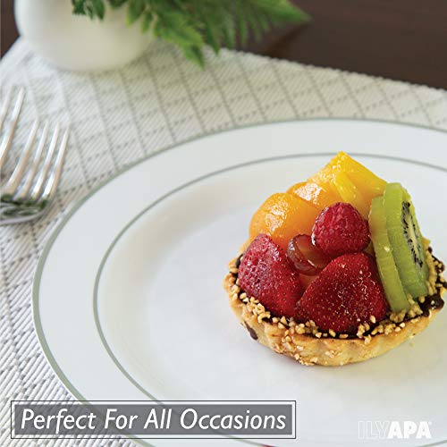 image for Ilyapa 50 Premium Silver Rim Plastic Plates for Dinner Party or Weddin
