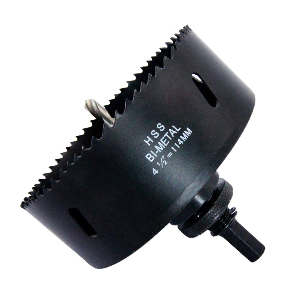 4.5inch Hole Saw LAIWEI Bi-Metal Hole Saw 114mm with Heavy Duty Mandrel, HSS 4-1/2"Hole Cutter for Metal Pipe, Wood, Sheet Metal, etc. 2 locking pins make the tool stronger and drilling easier（114mm)