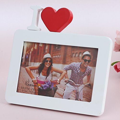 4x6" Wooden Photo Frame in White with I Heart in Red, I Love You, Contemporary, Valentine's Day, Birthday, Mother's Day Style, Picture Size 4x6 (I HEART in RED, 4 x 6)