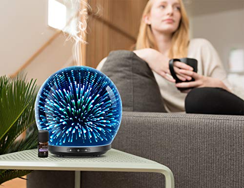 Essential Oil Diffuser, 3D Glass 200ml Galaxy Ultrasonic Aromatherapy Oils Humidifier with 7 Colors Lights, Waterless Auto Shut Off Function