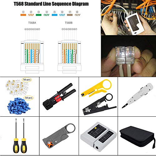 LEATBUY RJ45 Crimping Tool Kit for RJ11/RJ12/CAT5/CAT6/Cat5e, Professional Computer Maintenacnce Lan Cable Tester Network Repair Tool Set,Wire Crimper Wire Connector Stripper Cutter(BLACK)