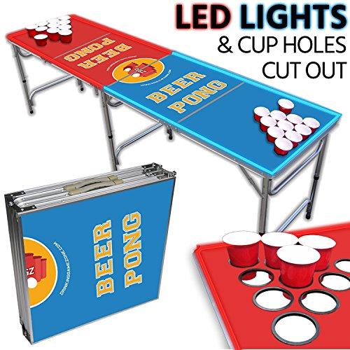 LED Beer Pong Table – Portable 8ft & Easy Folding w/ Adjustable Height – Cup Hole Outline Design w/ Red + Blue LED Lights – Perfect for Tailgates, BP Parties, Flip Cup By Drinking Game Zone