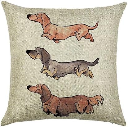 DECORLUTION 3 Dachshunds Pattern 18x18 Inch Cotton Linen Throw Cushion Cover Pillow Case Standard Size for Home Sofa Decorative Durable Square Pillowcase Pillow Covers Cases