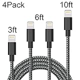 iPhone Cable,Iseason 4Pcks 3FT+2X6FT+10FT to USB Lightning Cable Syncing and Charging Cable Data Nylon Braided Cord Charger for iPhone 7/7 Plus/6/6 Plus/6s/6s Plus/5/5s/5c/SE and more (Black&White)