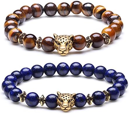 Energy Beaded Bracelets for Men Boys Friendship Agate Lapis-lazuli Tiger Eye Elastic Leopard Charm