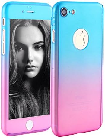 iPhone 7 Case, iLapland Ultra Thin 360 Degree Full Body Coverage Protection Gradient Ramp Vibrant Colorful PC Hard Slim Case with Tempered Glass Screen Protector for Apple iPhone 7 (Blue to Pink)