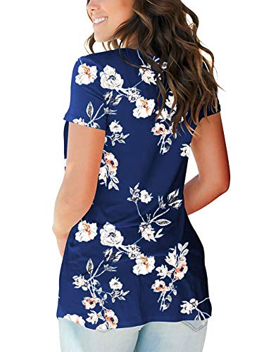 Women's T Shirts Short Sleeve V-Neck Loose Casual Basic Tee Tops Summer T-Shirt (Floral-Navy QW, Medium)