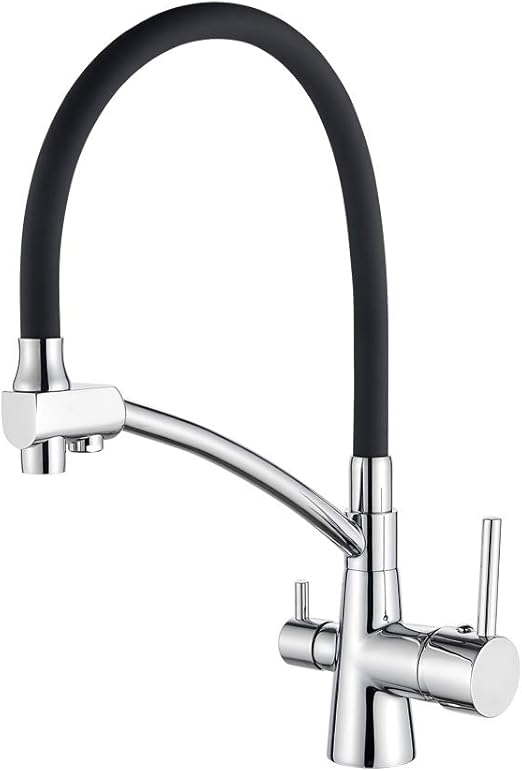CREA 3-weg Keukenkraan met uittrekbare Douche, 2 in 1 Keuken Kraan voor Waterfilter voor Osmose Systemen 360° eenhendel Zwart Roestvrij Staal
