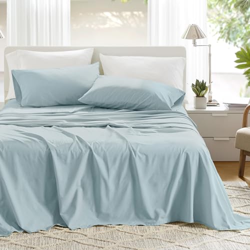 Comfort Spaces 100% Cotton Sheets Queen, Breathable, Soft Cotton Sheets, Naturally Cool Cotton Bed Sheets with 14 Elastic Pocket Fits up to 16 Mattress, All Season Sheet Set, Light Blue 4 Piece