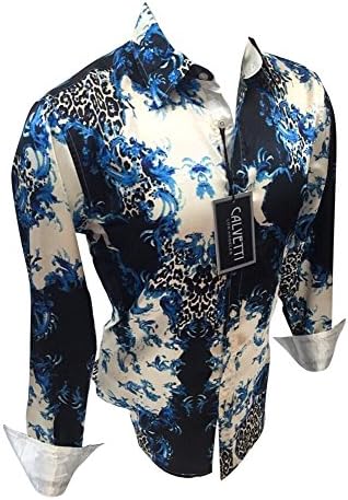 Men's Calvetti Silk Shirt Blue Abstract Colorful Tye Dye Print Western Slim Fit 213