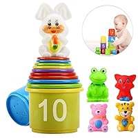 eyscar Stacking Cups Early Educational Toddlers Toy Bathtub Toys with Numbers & Animals Game for Kids Baby 11 Pack (Classic).