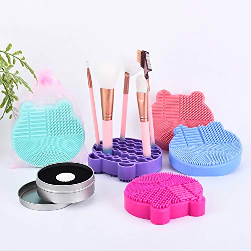Silicon Makeup Brush Cleaning Mat with Brushes Drying Holder Portable Bear Shaped Cosmetic Brush Cleaner Pad+ Makeup Brush Dry Cleaned Quick Color Removal Sponge Scrubber Tool (Pink)