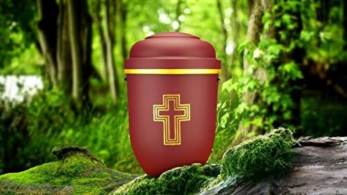 The Coffin Company Biodegradable Cremation Ashes Urn - Adult Size - Burgundy Red - SERENITY GOLD CROSS
