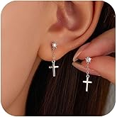 925 Sterling Silver Cross Hoop Dangle Earrings for Women Mother 14K Gold Plated Dangle Cross Tassels Earrings Cubic Zirconia Cartilage Hypoallergenic Drop Christian Halloween Wedding Jewelry Gift