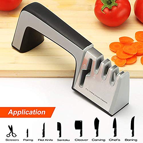Kitchen Knife Sharpener, 4 in 1 Scissors and Knife sharpener 3-Stage Knife Sharpening Diamond Coated Tungsten steel ceramic Wheel Tool Helps Repair, Restore and Polish Blades (black-grey)