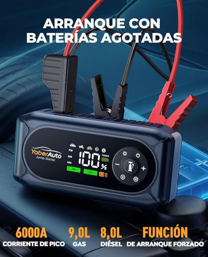Car Battery Jump Starter with Air Compressor, 6000A YaberAuto Portable Car Jump Starter (9.0L Gas/8.0L Diesel) with 150PSI Inflator, Insulated Gloves, Large Screen and LED Flashlight